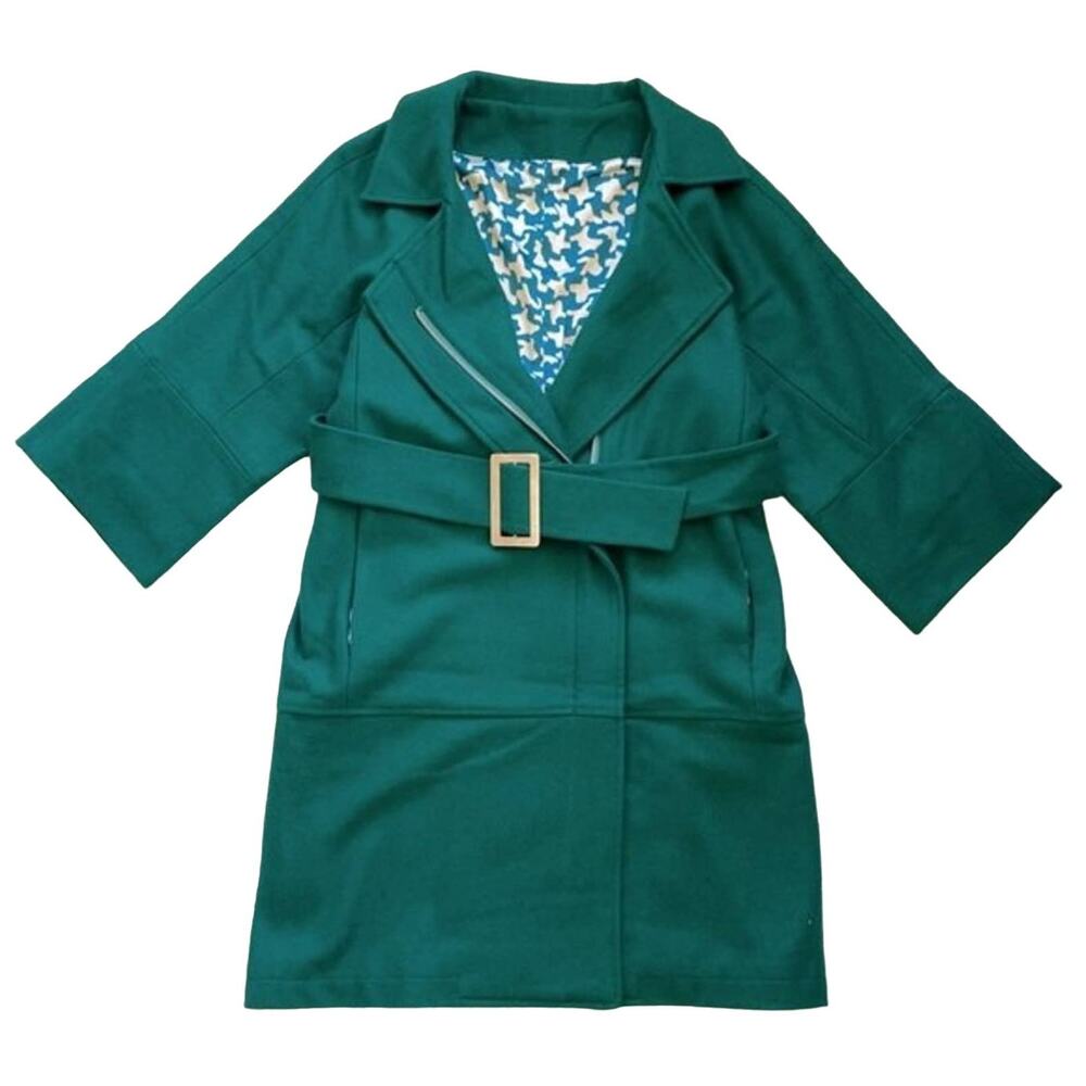 100% Wool Green Belted Coat 3/4 Sleeve Size 6